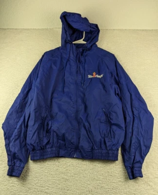 Chaqueta cortavientos con capucha para lluvia Six Flags Amusement Park Employee talla XS azul Foto 1 de 4