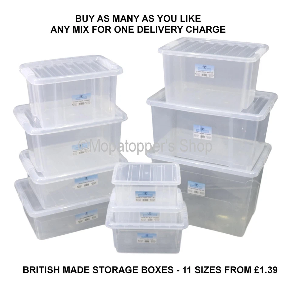 NEW British Made Clear Plastic Storage Box Boxes With Clear Lids - SIZE CHOICE - Image 1 of 1