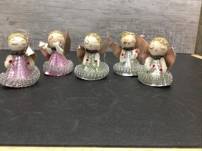 Vintage Chenille Mercury Glass Silver Mesh Foil Angels Set Of 5 Ornaments** - Image 1 of 4