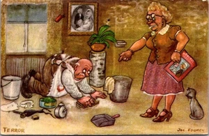TERROR Man Cleans Floor for Demanding Wife HUMOR art Postcard - Picture 1 of 2