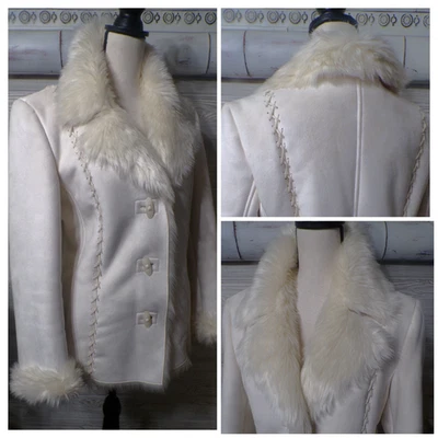 Y2k Esprit Faux Suede Fur Jacket L Penny Lane Ivory Laces Huge Collar Vtg 90's - Image 1 of 4