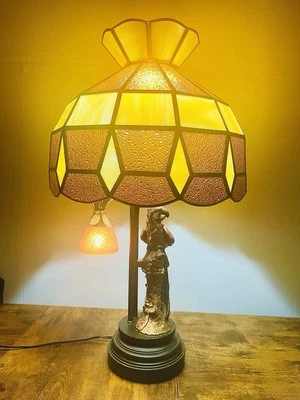 Vintage Parrot Resin Sculptural Lamp With Tiffany Style Stain Glass Shade - 28” - Image 1 of 4