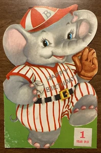 Tarjeta de felicitación de feliz cumpleaños años 60 troquelado elefante en uniforme de béisbol pelota P8b - Imagen 1 de 22