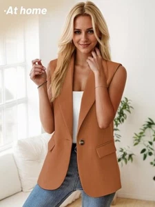 Mina Self Sleeveless Blazer Jacket Career Casual Lightweight Large Rust Pockets - Picture 1 of 10