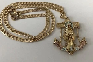 Santa Muerte Ancla Tres Oros Laminado Medalla con Cadena de 26" Oro Nuevo - Picture 1 of 3