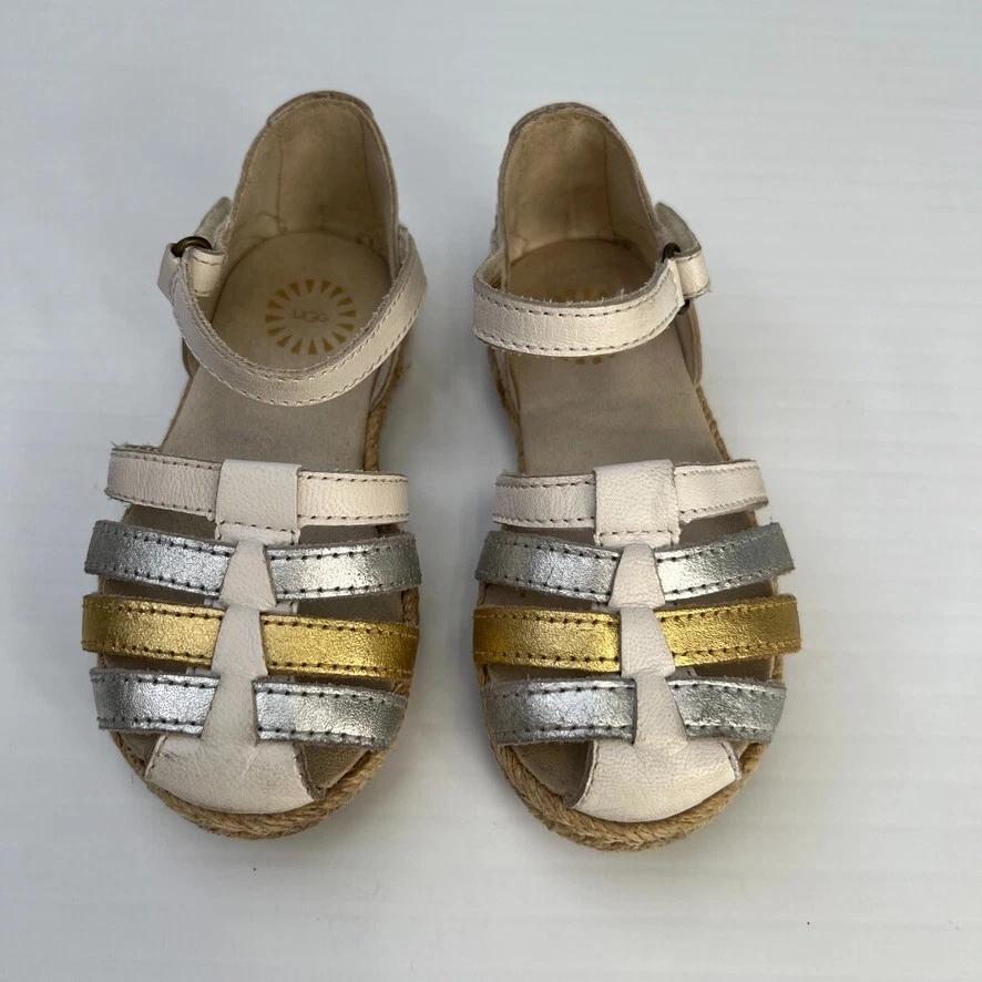 Ugg Shoe Girl 8 Toddler Josiah Espadrille Ankle Strap Gold Silver Metallic Ex - Image 1 of 4