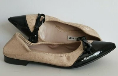 MIU MIU ICONIC CRACKLED LEATHER ASYMMETRICAL TOE BOW  FLATS EU 36.5 I LOVE SHOES - Image 1 of 4