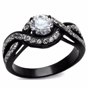 6x6mm Round Cut CZ Two-Tone Black IP Stainless Steel Womens Wedding Ring - Picture 1 of 4