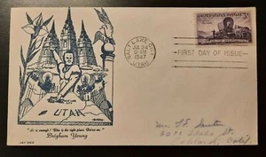 1947 FDC Brigham Young Jay Dee Cachet Design Salt Lake City UT Oakland CA - Picture 1 of 2