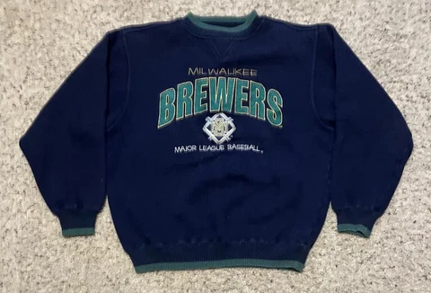 Vintage 90’s Milwaukee Brewers Logo Athletic Crewneck Sweatshirt Size M Blue Cover