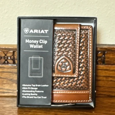 Cartera Ariat Clip Dinero Tejido de Cesta Cuero Marrón Calce Ajustado Nueva con Etiquetas Caja Abierta Foto 1 de 4