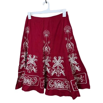 Sunny Leigh Skirt Womens Size 8 Red Flare Embroidered Floral Cotton Boho - Image 1 of 4