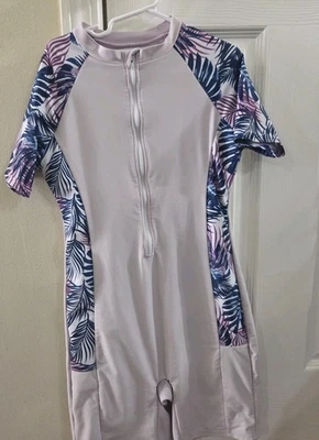 Maiô Tween feminino manga curta zíper parte superior uma peça, proteção UV tamanho 12 - Imagem 1 de 4