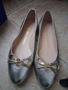 STUART WEITZMAN Gabby silver metallic almond toe slip On leather flats ballet 7 - Picture 1 of 12