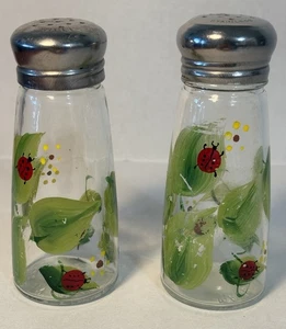 VTG Hand Painted Lady Bug Clear Glass Salt & Pepper Shaker Set, Stainless Lids - Picture 1 of 11