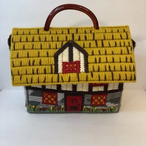 Vintage Needlepoint Cottage Purse Yarn House Bag Tortoise Handle 70s. Bent - Picture 1 of 9