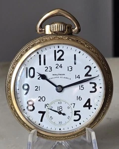 1943 WALTHAM USA VANGUARD 23J 16s POCKET WATCH 24h Dial M1908 Gold Filled TICKS - Picture 1 of 13