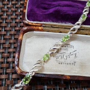 925 Sterling Silver Tennis Bracelet, Green Peridot Gemstones, 8.2", Hallmarked  - Picture 1 of 9