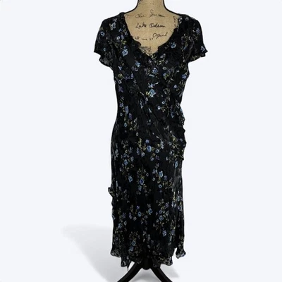 Vestido Robbie Bee 14 Negro Floral Seda Transparente Volantes Hada Grunge Capricho Años 90 Foto 1 de 4