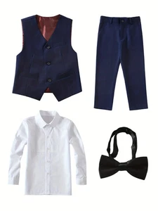 4pcs/set Boys' Suit Set With Pants, Vest, Shirt And Tie School Uniforms - Picture 1 of 42