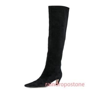 Women's Party Knee High Boots Square Toe Pull on Mid Kitten Heel Formal Shoes Sz - Picture 1 of 29