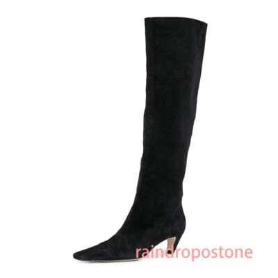Botas hasta la rodilla de fiesta para mujer punta cuadrada tacón medio gatito zapatos formales talla Foto 1 de 4