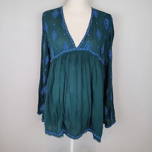 Free People Tunic Blouse Sz s Green Embroidered blue Boho Peasant Long Slv top - Picture 1 of 18