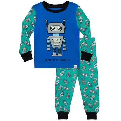 Pijamas de manga larga para niños 3-6 años PJs ajuste acurrucado robots retro azules Foto 1 de 4