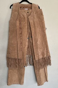 Womens Native American Wilson Leather Suede Fringe Vest Tan Outfit XL 14 - Picture 1 of 20