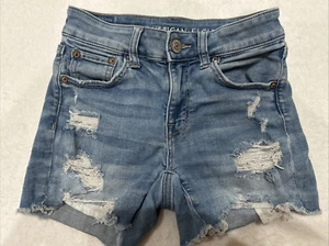 American Eagle Midi Stretch Sz 00 Distressed Faded Raw Hem 5 Pocket Denim Shorts - Picture 1 of 10