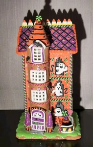 RAZ Imports HALLOWEEN LED Haunted Gingerbread HOUSE Ghost Hand Painted Clay WORK - Picture 1 of 17