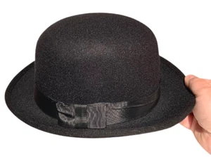 BLACK DERBY BOWLER HAT Deluxe Like Wool Charlie Chaplin Costume Cap Adult Size M - Picture 1 of 10