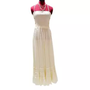 Cream Free Spirit Smocked Top Strap Backless Halter Tie Tiered Boho Dress Small - Picture 1 of 11