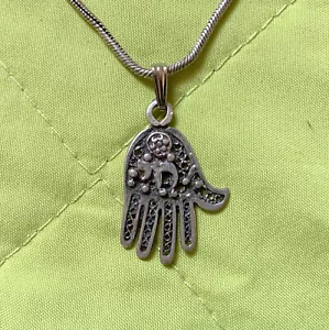 Bracciale cavigliera catena mano amuleto Hamsa Chai ciondolo filigrana argento sterling 925 - Foto 1 di 4