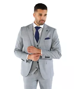 Men's Tweed Houndstooth Check Plaid Sky Blue Suit For Weddings & Business Attire - Picture 1 of 11