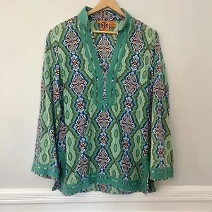 Tory Burch Women’s Top Blouse V-neck Tunic Green Sz 6 Boho Pullover Geometric - Picture 1 of 9