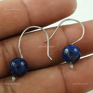 Round Lapis Lazuli Gemstone 925 Solid Silver Hook Elegant Dangle Drop Earrings - Picture 1 of 4