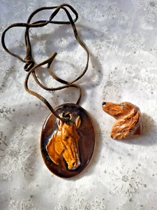 VINTAGE-HORSE HEAD PENDANT & DOG HEAD BROOCH-HAND MADE CERAMIC - - Picture 1 of 7