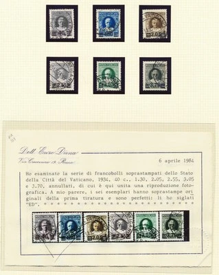 VATICAN 1934 RARE Cpl XF used Provisionals Set, CERTIFICATEs LOOK , Pope, Italy - Image 1 of 4
