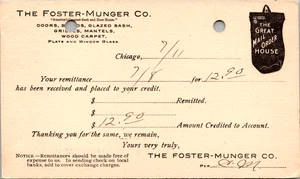 Foster-Munger Co Tür & Schärpe Überweisungsbeleg 1904 Chicago IL POSTKARTE - Bild 1 von 2
