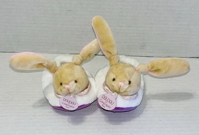 Bunny Baby Booties Slippers Doudou Et Compagnie Paris Rattle Pink 0-6 Months - Image 1 of 4