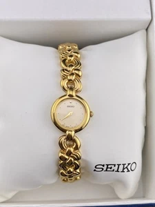 NOS Seiko Round Gold Tone Dainty Dial Chunky Art Deco Bracelet Elegant Watch NIB - Picture 1 of 15