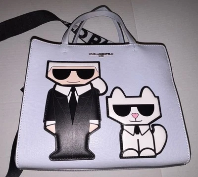 KARL LAGERFELD Maybelle Karl and Cat Crossbody Top Handle Satchel Purse Ice Blue - Image 1 of 4