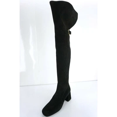 Prada 黑色麂皮绒皮革过膝粗跟靴 37 码全新高 1895 美元 — 第 1/4 张图片