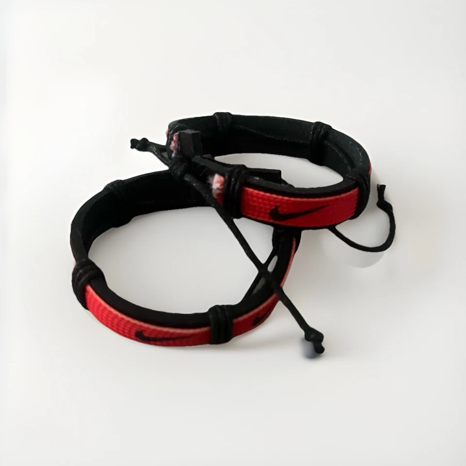 Nike Unisex Sports Leather Cord Tribal Bracelet Wristband Red With White 2 Pcs - Image 1 of 1