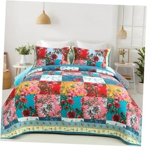 100% Cotton Patchwork Quilt Queen Size Set Lightweight Floral Queen Quilts - Picture 1 of 7