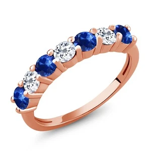 1.53 Ct Round Blue Sapphire White Topaz 18K Rose Gold Plated Silver Ring - Picture 1 of 24