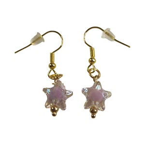NEW Handmade/Homemade Pastel Purple Bead in Clear Star on Gold Drop Earrings - Picture 1 of 4