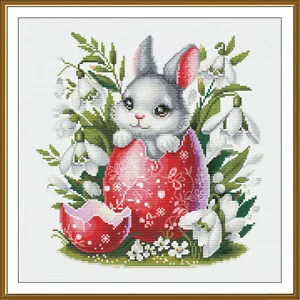 Counted Cross Stitch Kit DIY unprinted canvas Easter Bunny embroidery needlework - Picture 1 of 11