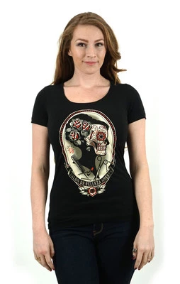 Camiseta Lucky 13 "Belleza" Cuello Redondo Negra Calavera de Azúcar Rockabilly Pinup Foto 1 de 2
